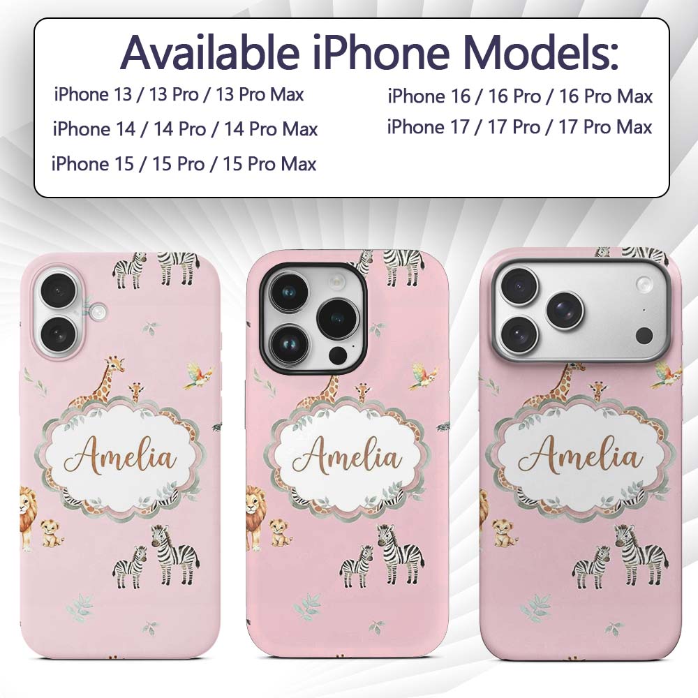 Safari Animals Giraffe Lion Zebra on Blush Pink Custom Name Protective Phone Case Mobile Cover Durable Everyday Smartphone Shock Resistant