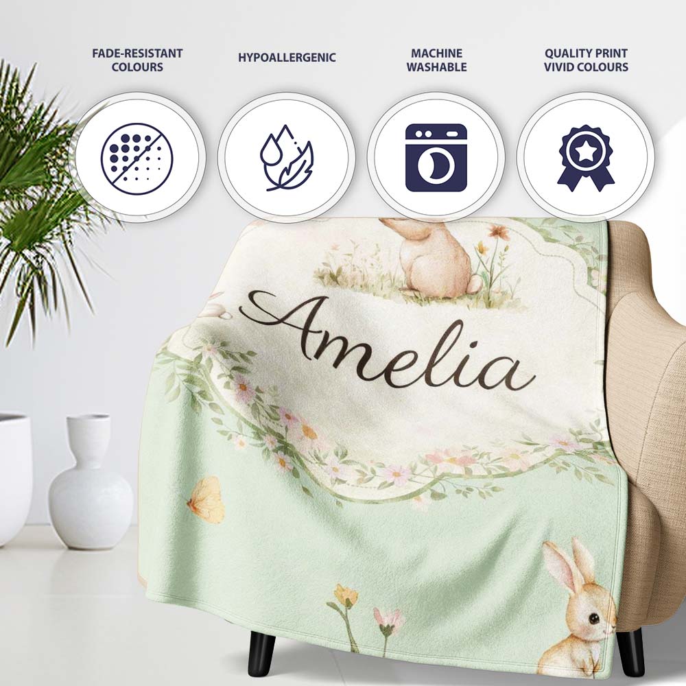 Watercolor Bunny Floral Meadow Pastel Green Seamless Pattern Lovely  Personalised Custom Name Super Soft Fleece Blanket Bed Sofa Throw