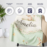 Watercolor Bunny Floral Meadow Pastel Green Seamless Pattern Lovely  Personalised Custom Name Super Soft Fleece Blanket Bed Sofa Throw