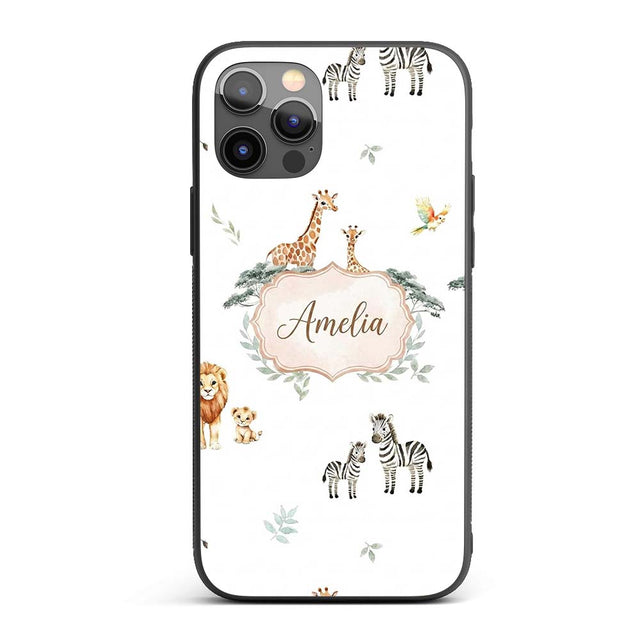 Safari Animals Giraffe Lion Zebra on Light Grey Custom Name Protective Phone Case Mobile Cover Durable Everyday Smartphone Shock Resistant