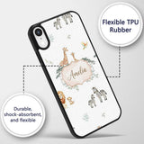 Safari Animals Giraffe Lion Zebra on Light Grey Custom Name Protective Phone Case Mobile Cover Durable Everyday Smartphone Shock Resistant