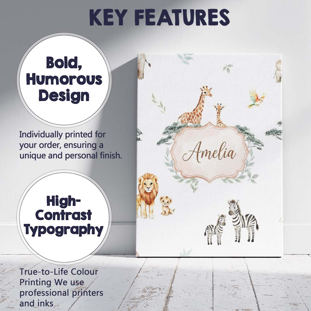 Personalised Name Safari Animals Giraffe Custom  Unique Gift Idea Elegant Feature Canvas Wall Art Print Decor Picture Ready to Hang