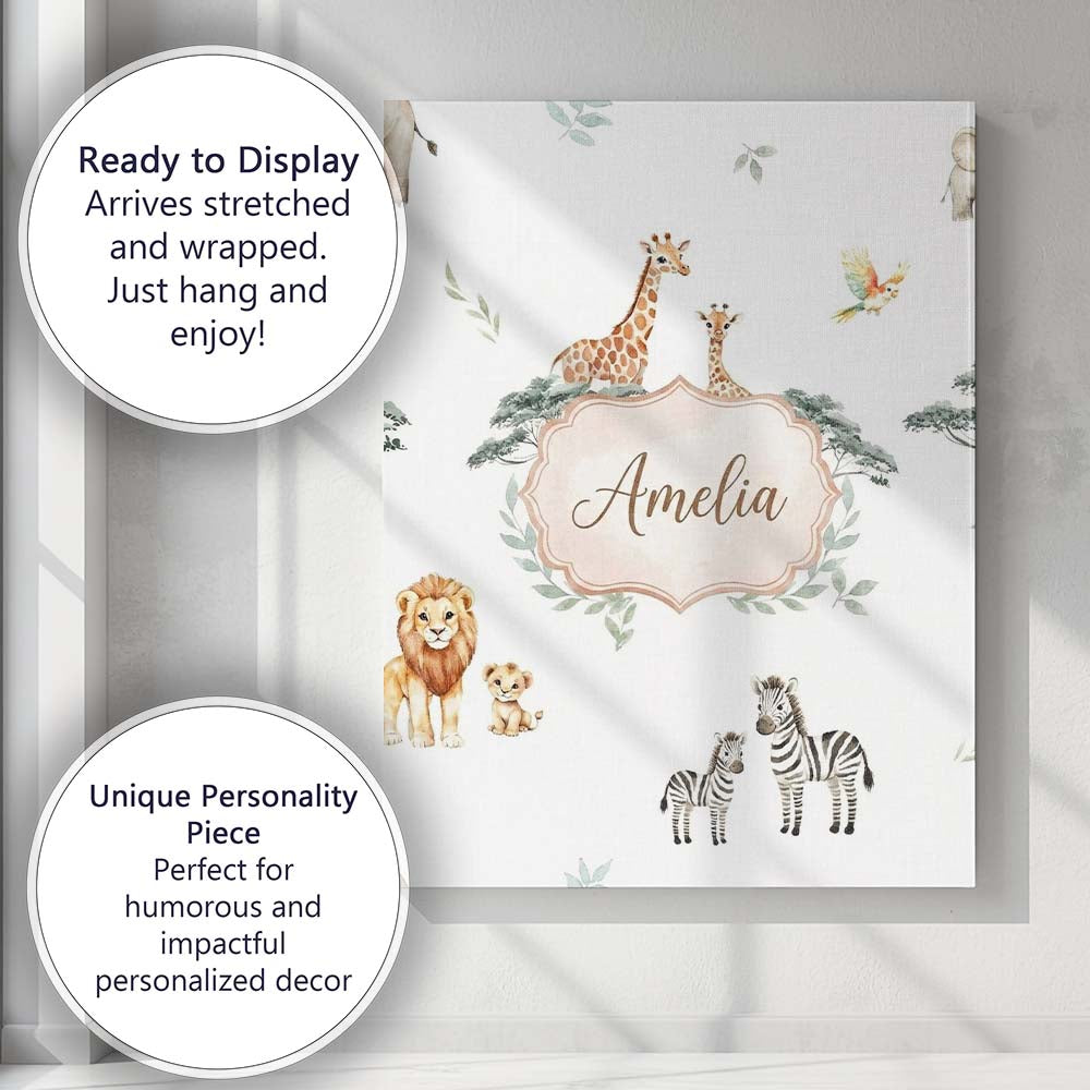 Personalised Name Safari Animals Giraffe Custom  Unique Gift Idea Elegant Feature Canvas Wall Art Print Decor Picture Ready to Hang