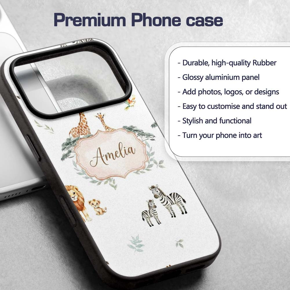 Safari Animals Giraffe Lion Zebra on Light Grey Custom Name Protective Phone Case Mobile Cover Durable Everyday Smartphone Shock Resistant