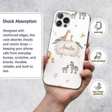 Safari Animals Giraffe Lion Zebra on Light Grey Custom Name Protective Phone Case Mobile Cover Durable Everyday Smartphone Shock Resistant