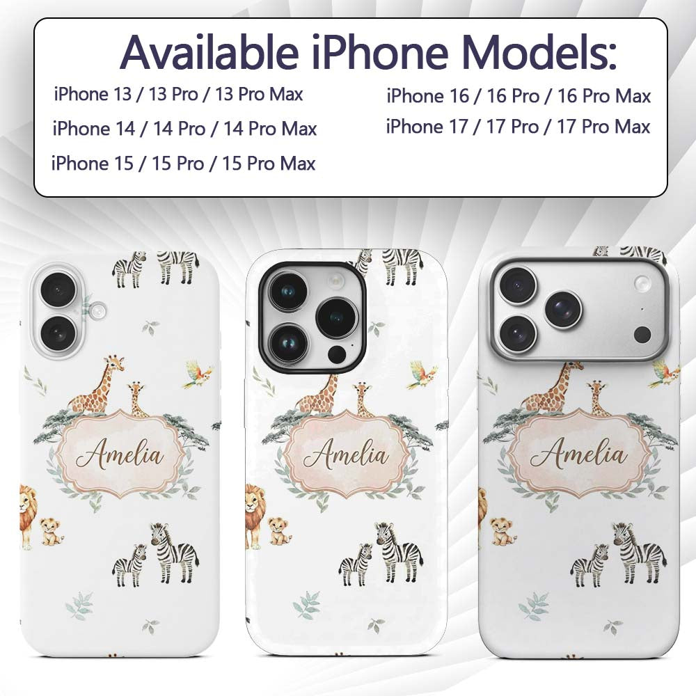 Safari Animals Giraffe Lion Zebra on Light Grey Custom Name Protective Phone Case Mobile Cover Durable Everyday Smartphone Shock Resistant
