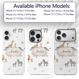 Safari Animals Giraffe Lion Zebra on Light Grey Custom Name Protective Phone Case Mobile Cover Durable Everyday Smartphone Shock Resistant