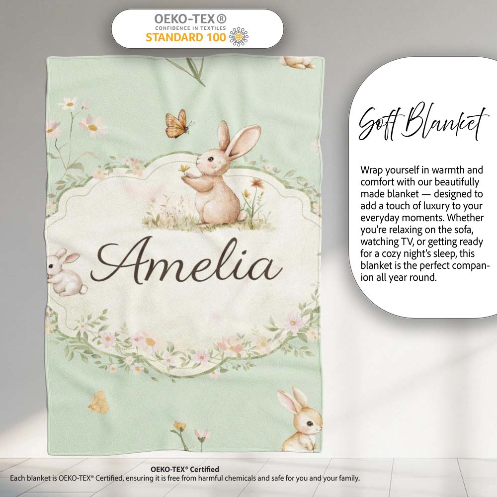 Watercolor Bunny Floral Meadow Pastel Green Seamless Pattern Lovely  Personalised Custom Name Super Soft Fleece Blanket Bed Sofa Throw