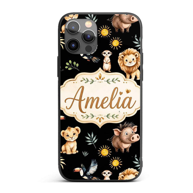 Jungle Animals Lion Meerkat Toucan Boar on Black Custom Name Protective Phone Case Mobile Cover Durable Everyday Smartphone Shock Resistant