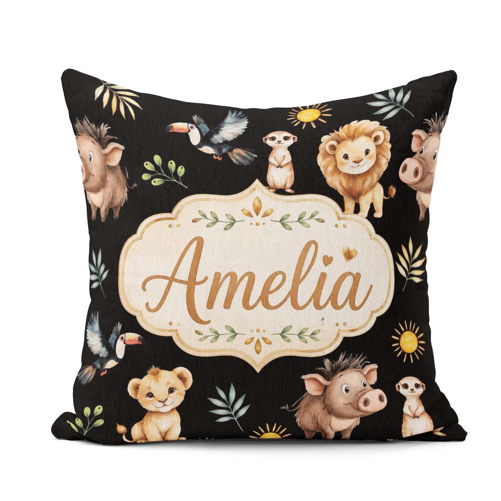 Custom Name Jungle Animals Lion Meerkat Toucan on Black Seamless Square Filled Cushion Throw Pillow Sofa Bed Home Decor Zip Washable UK Made