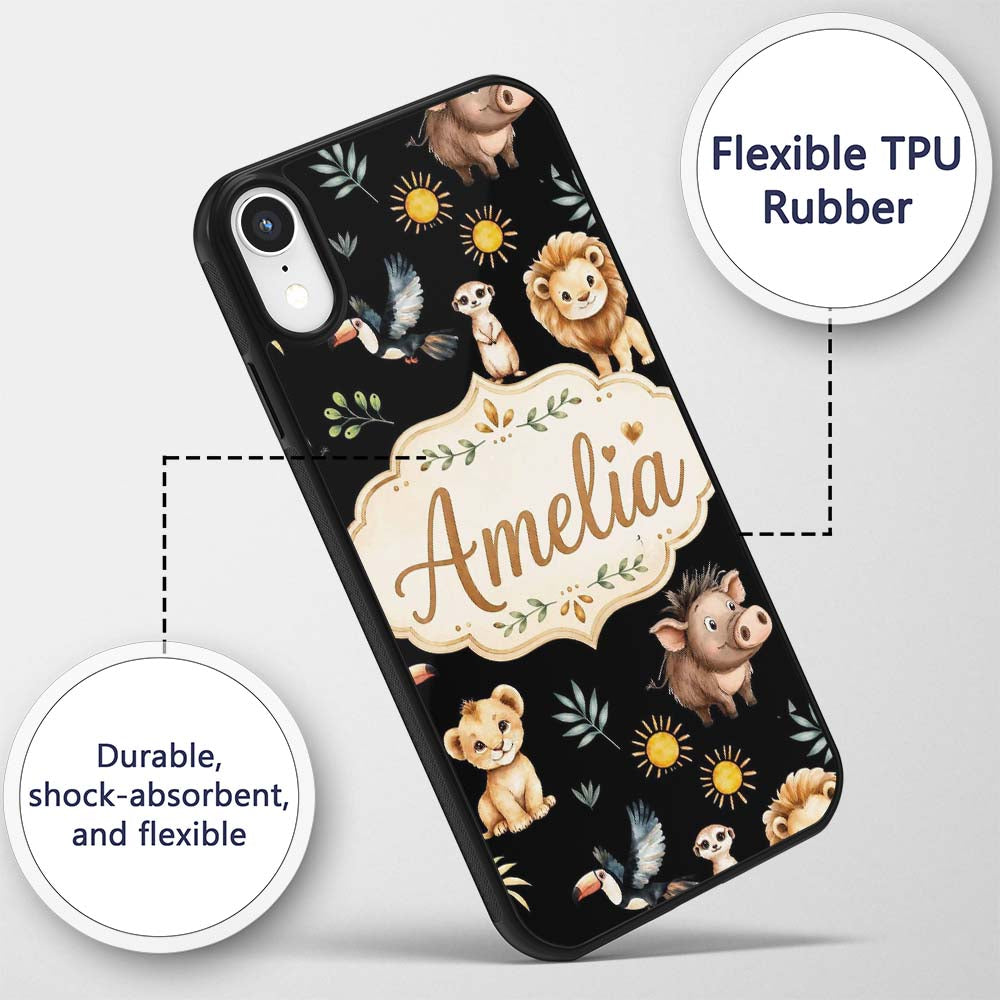 Jungle Animals Lion Meerkat Toucan Boar on Black Custom Name Protective Phone Case Mobile Cover Durable Everyday Smartphone Shock Resistant