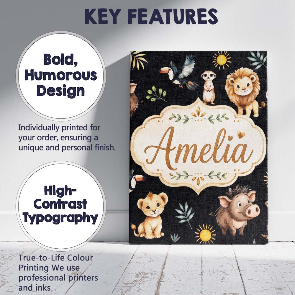 Personalised Name Jungle Animals Lion Custom Modern Room Accent Creative Decorator Style Canvas Wall Art Print Decor Picture Ready to Hang