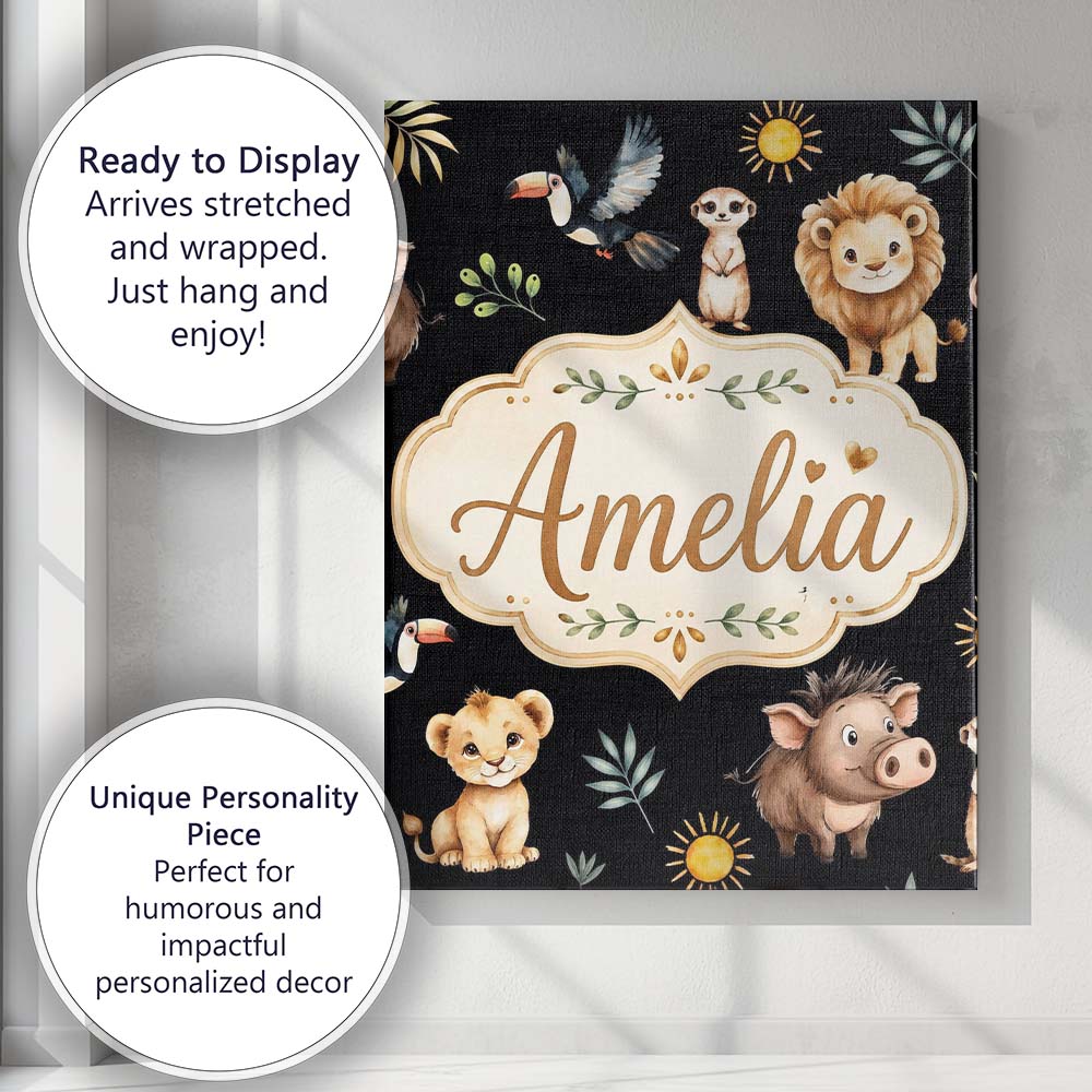 Personalised Name Jungle Animals Lion Custom Modern Room Accent Creative Decorator Style Canvas Wall Art Print Decor Picture Ready to Hang