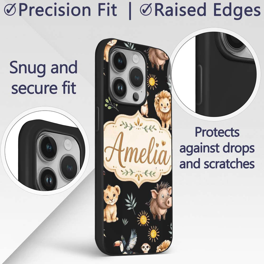 Jungle Animals Lion Meerkat Toucan Boar on Black Custom Name Protective Phone Case Mobile Cover Durable Everyday Smartphone Shock Resistant