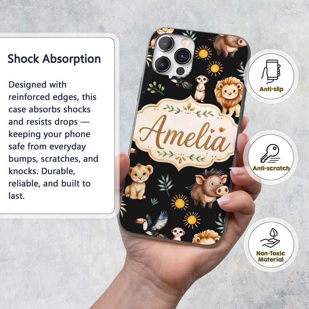 Jungle Animals Lion Meerkat Toucan Boar on Black Custom Name Protective Phone Case Mobile Cover Durable Everyday Smartphone Shock Resistant