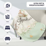 Watercolor Bunny Floral Meadow Pastel Green Seamless Pattern Lovely  Personalised Custom Name Super Soft Fleece Blanket Bed Sofa Throw