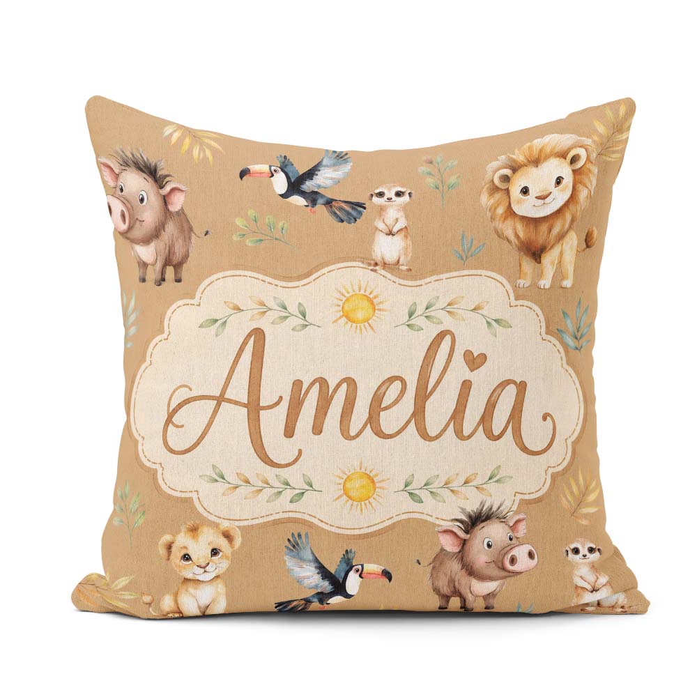 Custom Name Jungle Animals Lion Meerkat Toucan on Brown Seamless Square Filled Cushion Throw Pillow Sofa Bed Home Decor Zip Washable UK Made