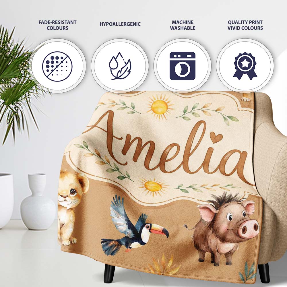 Jungle Animals Lion Meerkat Toucan Boar on Brown Seamless Pattern  Personalised Custom Name Super Soft Fleece Blanket Bed Sofa Throw