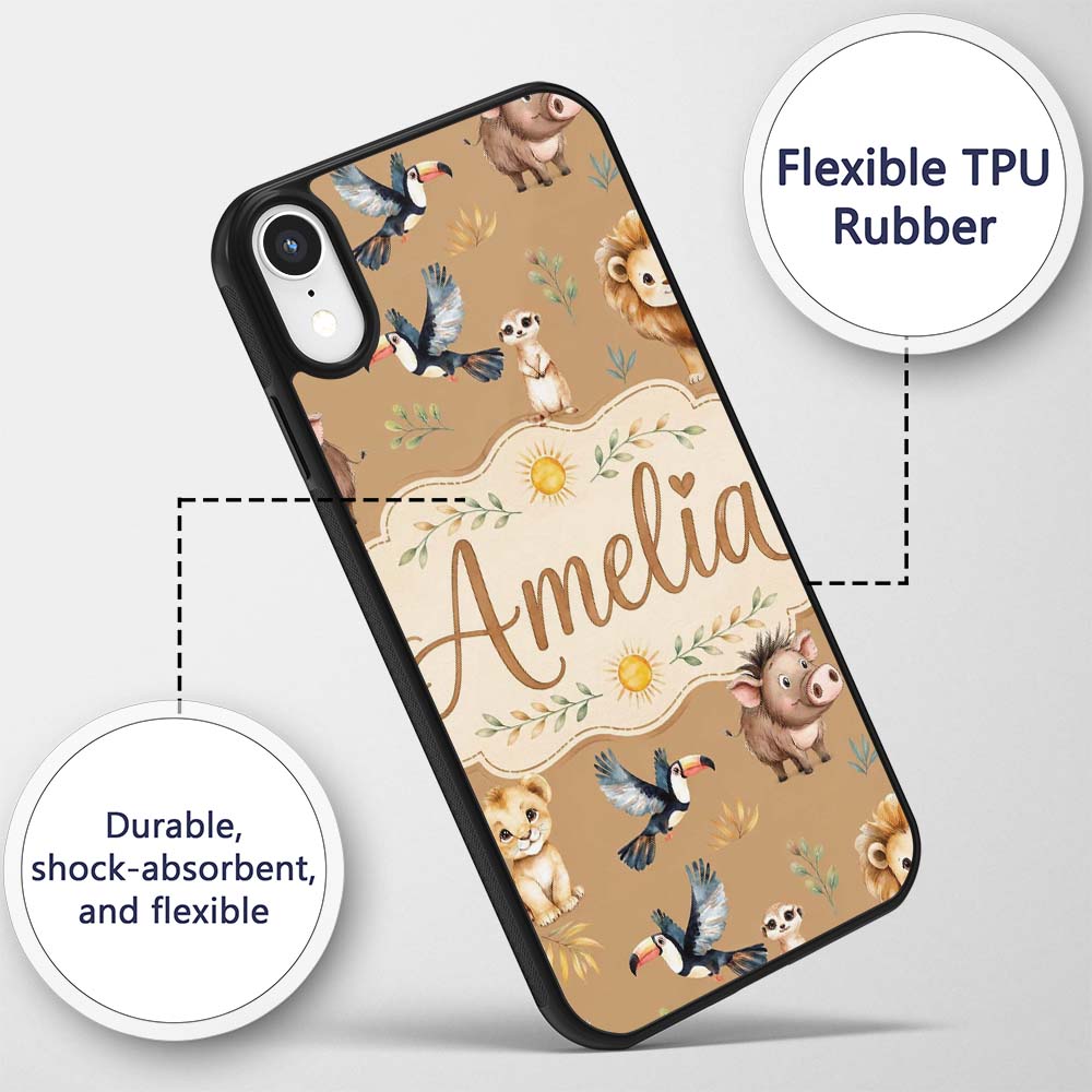 Jungle Animals Lion Meerkat Toucan Boar on Brown Custom Name Protective Phone Case Mobile Cover Durable Everyday Smartphone Shock Resistant