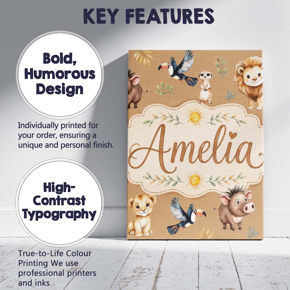 Personalised Name Jungle Animals Lion Custom Modern Room Accent Creative Decorator Style Canvas Wall Art Print Decor Picture Ready to Hang
