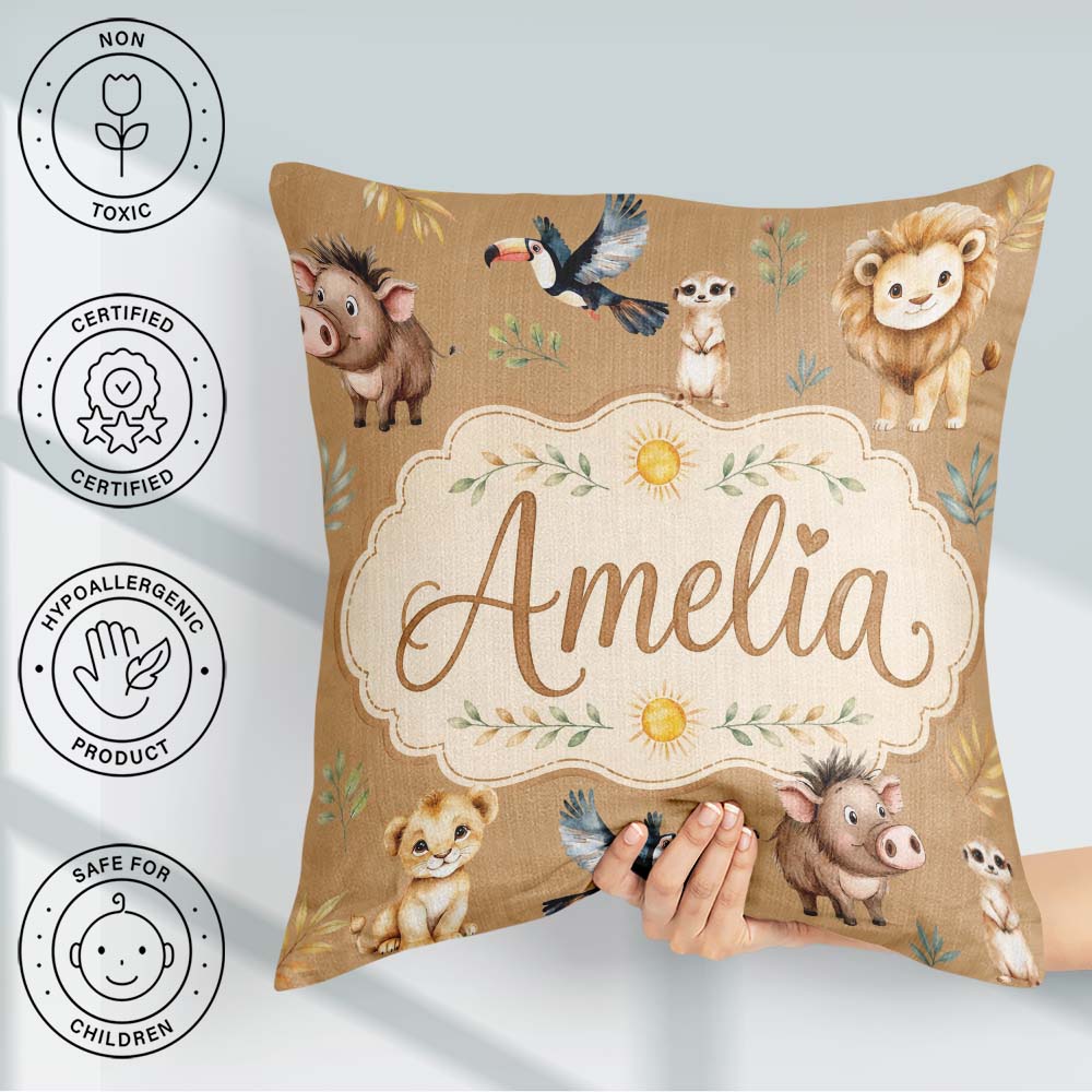 Custom Name Jungle Animals Lion Meerkat Toucan on Brown Seamless Square Filled Cushion Throw Pillow Sofa Bed Home Decor Zip Washable UK Made