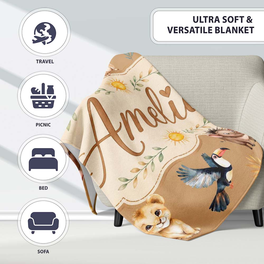 Jungle Animals Lion Meerkat Toucan Boar on Brown Seamless Pattern  Personalised Custom Name Super Soft Fleece Blanket Bed Sofa Throw