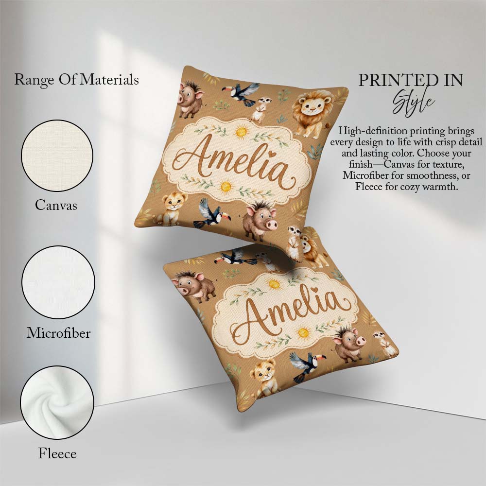 Custom Name Jungle Animals Lion Meerkat Toucan on Brown Seamless Square Filled Cushion Throw Pillow Sofa Bed Home Decor Zip Washable UK Made