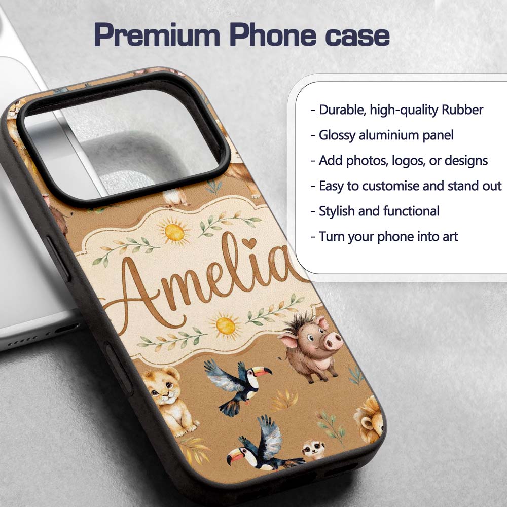 Jungle Animals Lion Meerkat Toucan Boar on Brown Custom Name Protective Phone Case Mobile Cover Durable Everyday Smartphone Shock Resistant