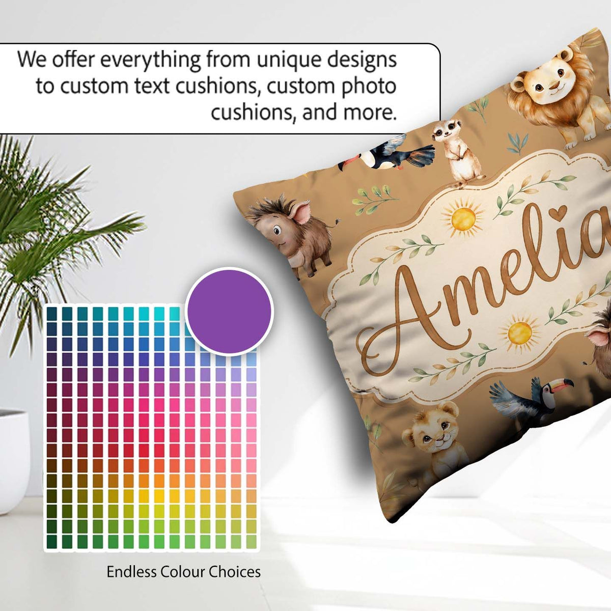 Custom Name Jungle Animals Lion Meerkat Toucan on Brown Seamless Square Filled Cushion Throw Pillow Sofa Bed Home Decor Zip Washable UK Made