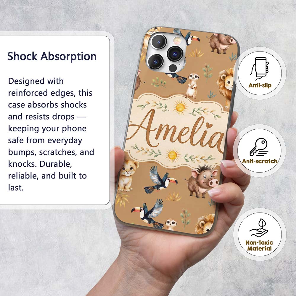 Jungle Animals Lion Meerkat Toucan Boar on Brown Custom Name Protective Phone Case Mobile Cover Durable Everyday Smartphone Shock Resistant