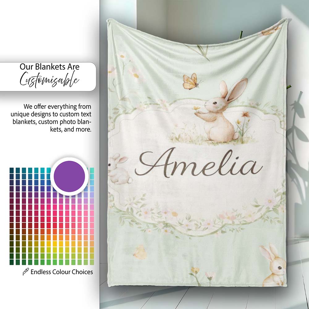Watercolor Bunny Floral Meadow Pastel Green Seamless Pattern Lovely  Personalised Custom Name Super Soft Fleece Blanket Bed Sofa Throw