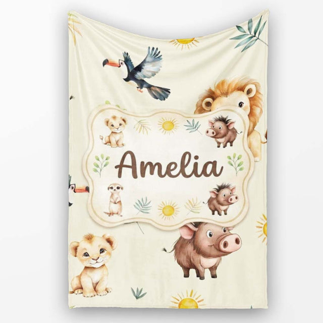 Jungle Animals Lion Meerkat Toucan Boar on Cream Seamless Pattern  Personalised Custom Name Super Soft Fleece Blanket Bed Sofa Throw