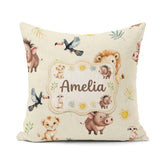 Custom Name Jungle Animals Lion Meerkat Toucan on Cream Seamless Square Filled Cushion Throw Pillow Sofa Bed Home Decor Zip Washable UK Made