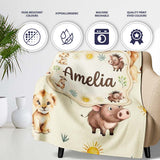 Jungle Animals Lion Meerkat Toucan Boar on Cream Seamless Pattern  Personalised Custom Name Super Soft Fleece Blanket Bed Sofa Throw