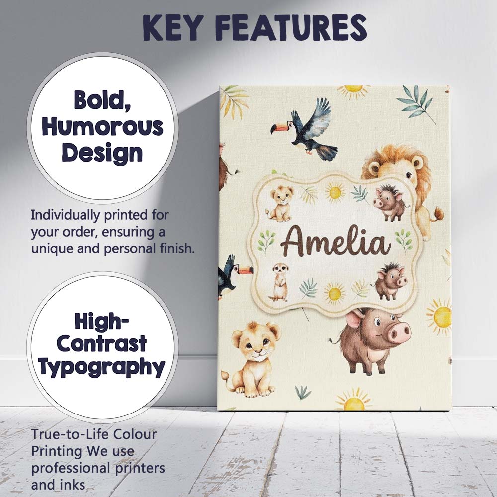 Personalised Name Jungle Animals Lion Custom Modern Room Accent Creative Decorator Style Canvas Wall Art Print Decor Picture Ready to Hang