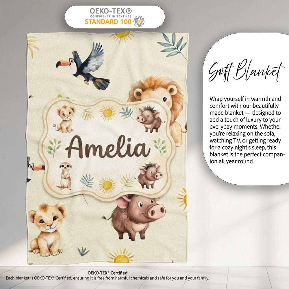 Jungle Animals Lion Meerkat Toucan Boar on Cream Seamless Pattern  Personalised Custom Name Super Soft Fleece Blanket Bed Sofa Throw