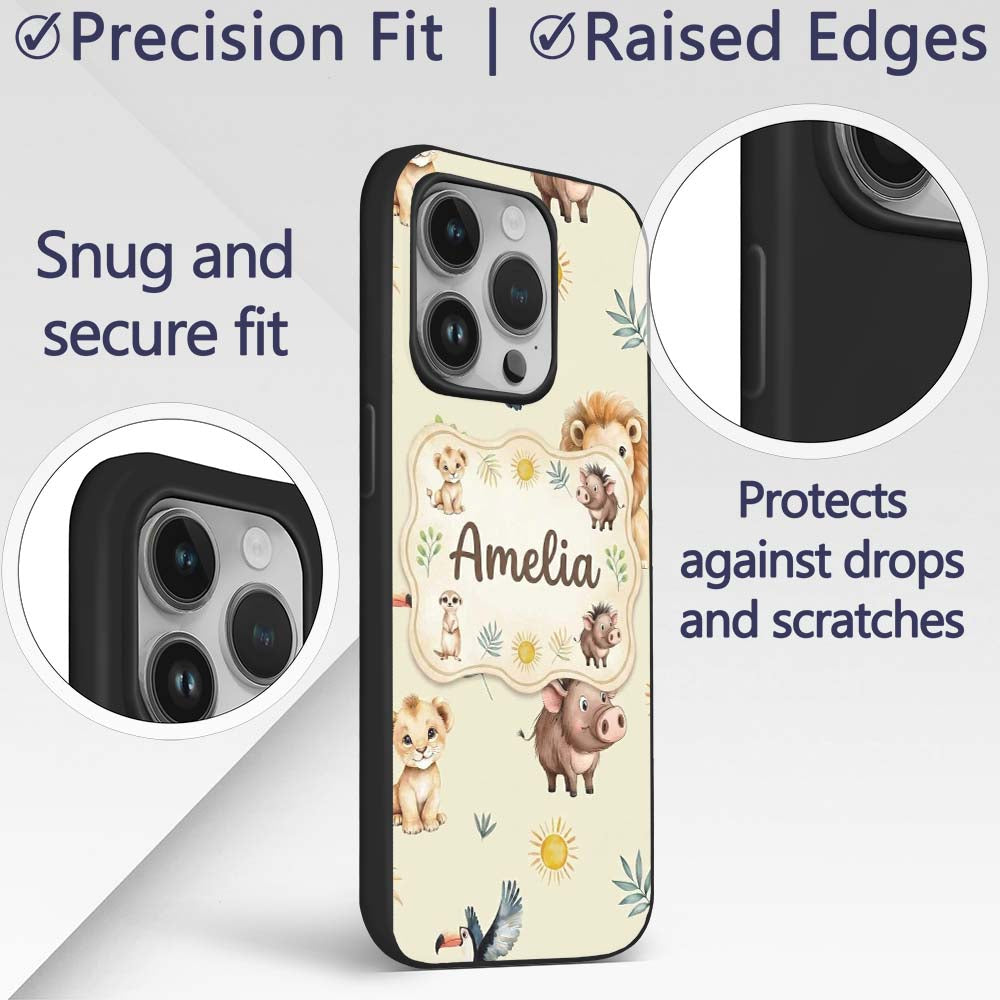 Jungle Animals Lion Meerkat Toucan Boar on Cream Custom Name Protective Phone Case Mobile Cover Durable Everyday Smartphone Shock Resistant