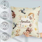 Custom Name Jungle Animals Lion Meerkat Toucan on Cream Seamless Square Filled Cushion Throw Pillow Sofa Bed Home Decor Zip Washable UK Made
