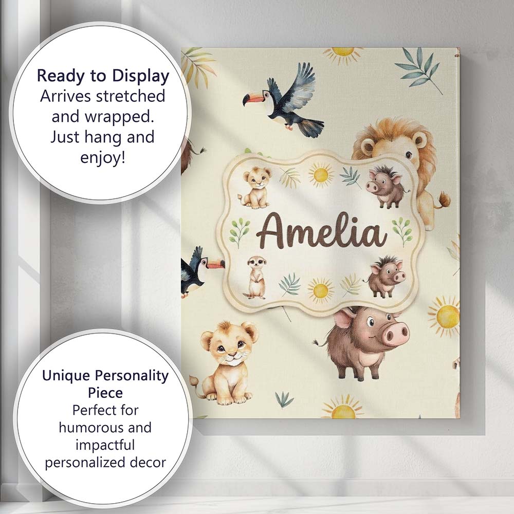 Personalised Name Jungle Animals Lion Custom Modern Room Accent Creative Decorator Style Canvas Wall Art Print Decor Picture Ready to Hang