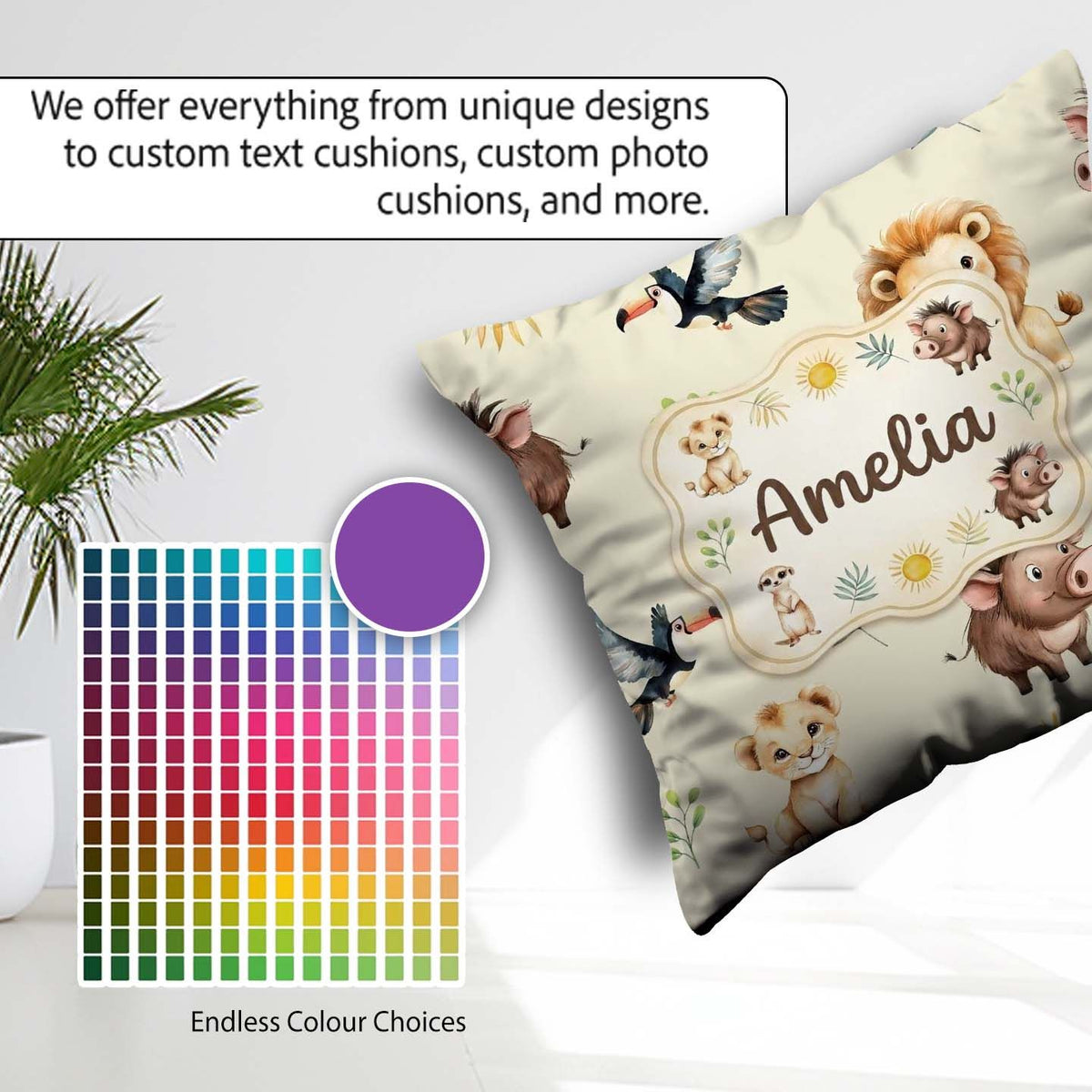 Custom Name Jungle Animals Lion Meerkat Toucan on Cream Seamless Square Filled Cushion Throw Pillow Sofa Bed Home Decor Zip Washable UK Made
