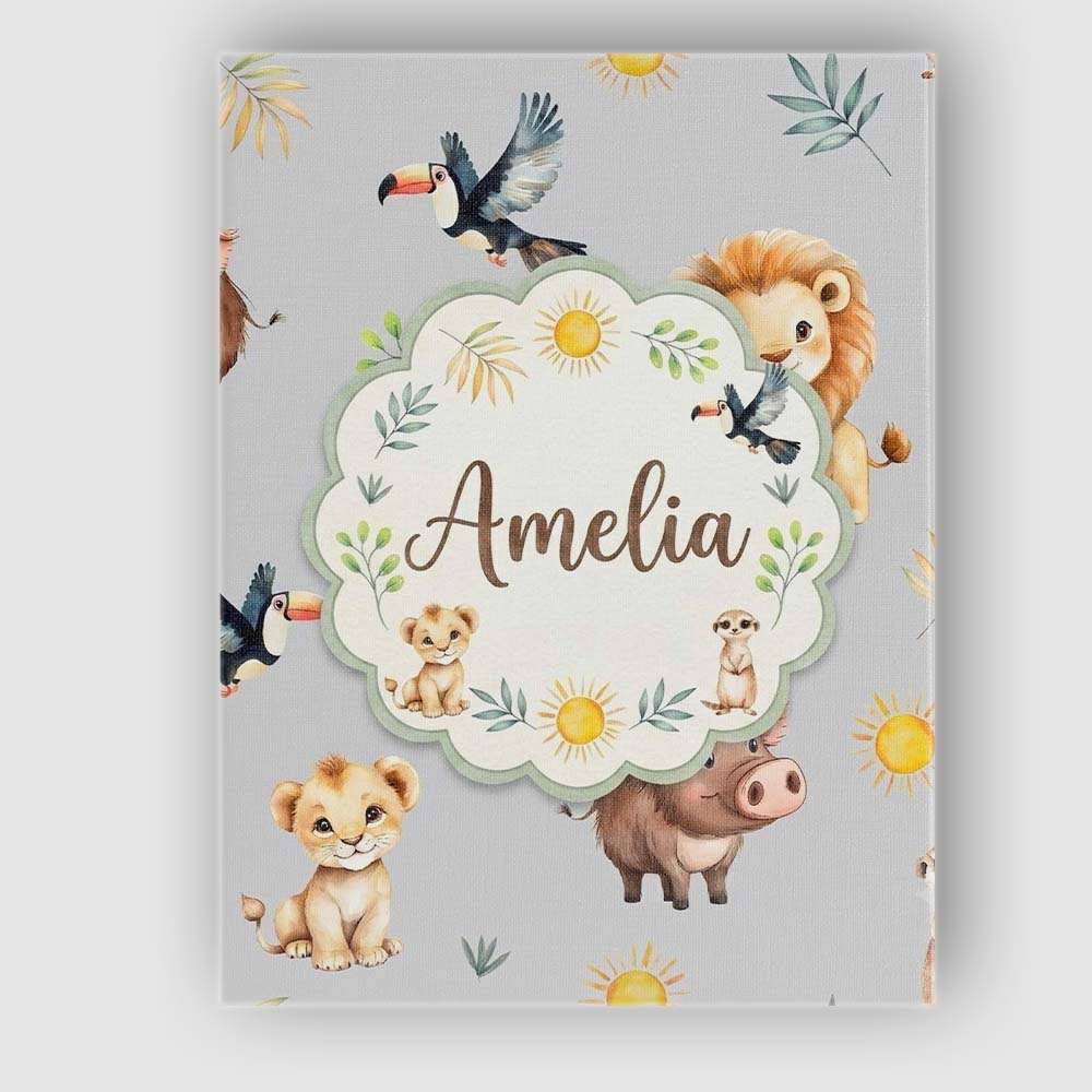Personalised Name Jungle Animals Lion Custom Modern Room Accent Creative Decorator Style Canvas Wall Art Print Decor Picture Ready to Hang