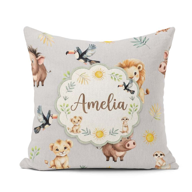 Custom Name Jungle Animals Lion Meerkat Toucan Boar Grey Pattern Square Filled Cushion Throw Pillow Sofa Bed Home Decor Zip Washable UK Made