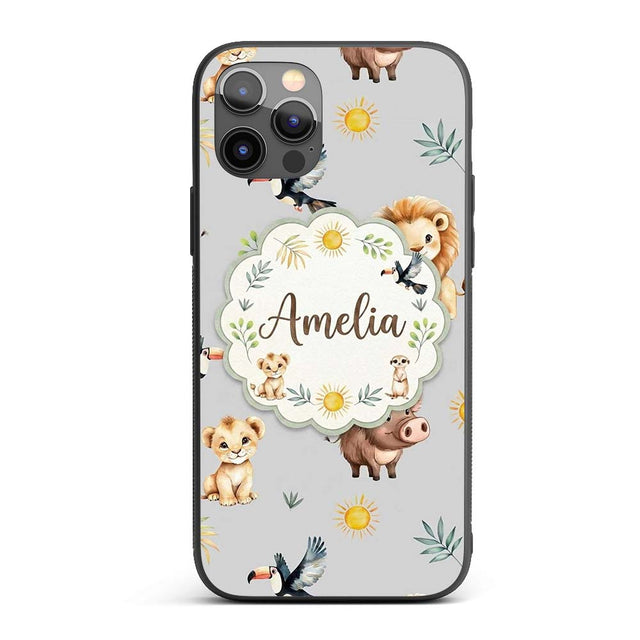 Jungle Animals Lion Meerkat Toucan Boar on Grey Custom Name Protective Phone Case Mobile Cover Durable Everyday Smartphone Shock Resistant