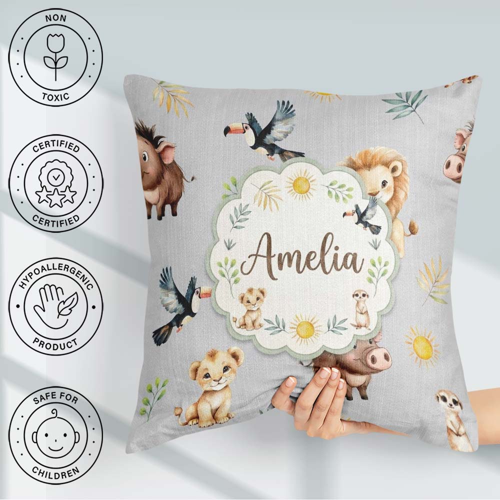 Custom Name Jungle Animals Lion Meerkat Toucan Boar Grey Pattern Square Filled Cushion Throw Pillow Sofa Bed Home Decor Zip Washable UK Made