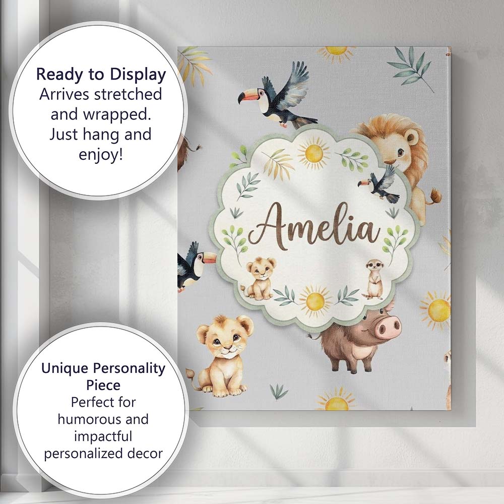 Personalised Name Jungle Animals Lion Custom Modern Room Accent Creative Decorator Style Canvas Wall Art Print Decor Picture Ready to Hang