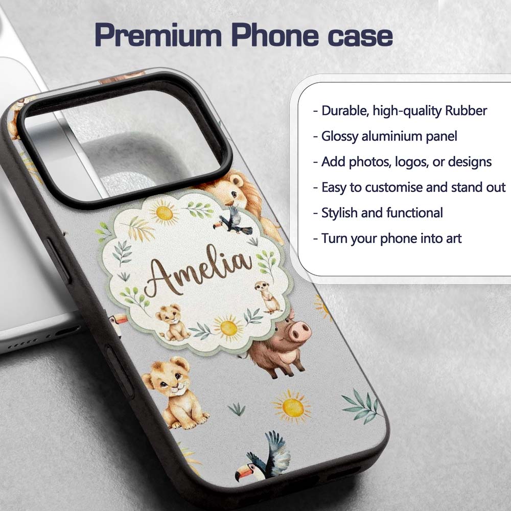 Jungle Animals Lion Meerkat Toucan Boar on Grey Custom Name Protective Phone Case Mobile Cover Durable Everyday Smartphone Shock Resistant