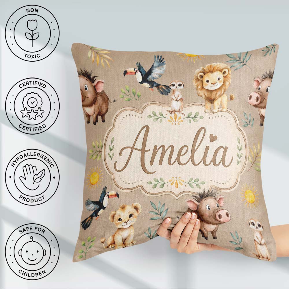 Custom Name Jungle Animals Lion Meerkat Toucan on Beige Seamless Square Filled Cushion Throw Pillow Sofa Bed Home Decor Zip Washable UK Made