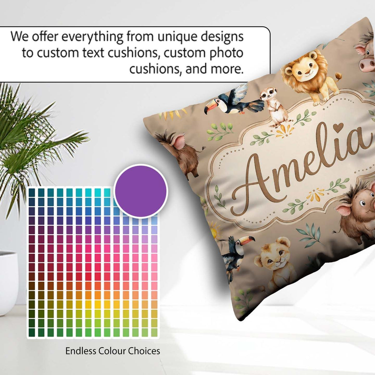 Custom Name Jungle Animals Lion Meerkat Toucan on Beige Seamless Square Filled Cushion Throw Pillow Sofa Bed Home Decor Zip Washable UK Made