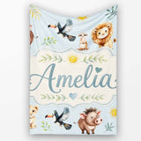 Jungle Animals Lion Meerkat Toucan Boar on Soft Blue Seamless  Personalised Custom Name Super Soft Fleece Blanket Bed Sofa Throw