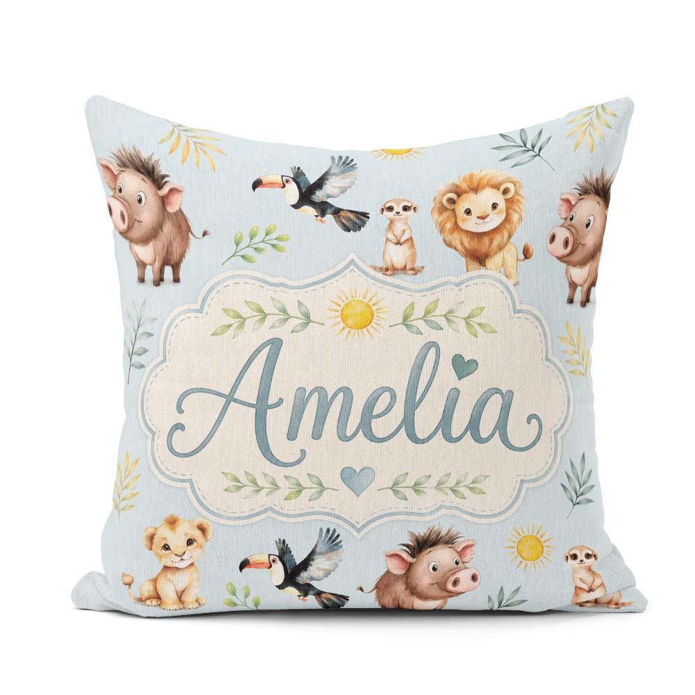 Custom Name Jungle Animals Lion Meerkat Toucan Boar on Soft Blue Square Filled Cushion Throw Pillow Sofa Bed Home Decor Zip Washable UK Made